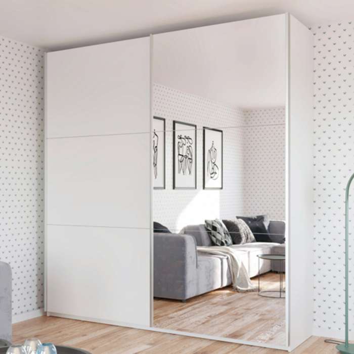 The sliding door wardrobe RODOS 225cm white with a mirrored door