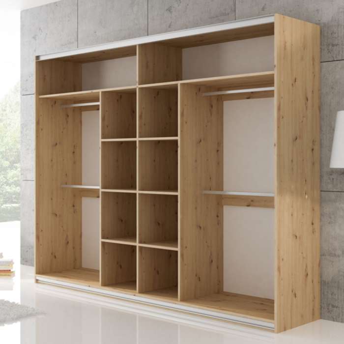 The interior of the PRAGA 250cm wardrobe oak wotan presenting configuration of 4 hanging rails and 10 shelves.