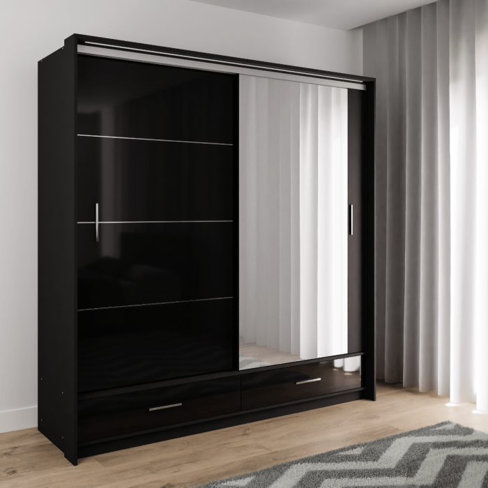 The MARSYLIA wardrobe 208 in black gloss in a modern bedroom.