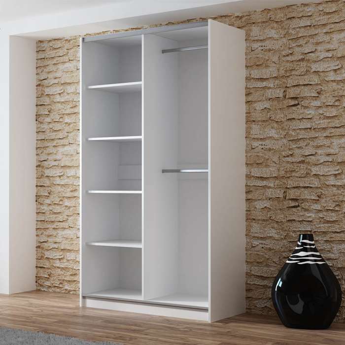 The interior of the VIGO 120cm wardrobe presenting 4 shelves on left, 2 hanging rails on the right