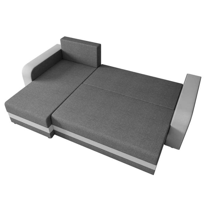 Unfolded corner sofa presenting sleeping area.