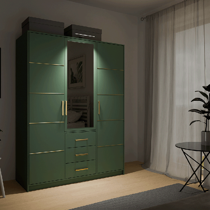 Wardrobe BALI D3 in green with LED light in cosy bedroom.