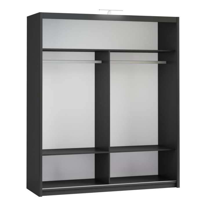 The interior of the PARIS 180cm wardrobe presenting a different configuration of 2 hanging rails and 3 shelves