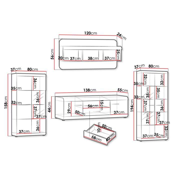 diagram of living room furniture set LUCUMA II showing dimensions