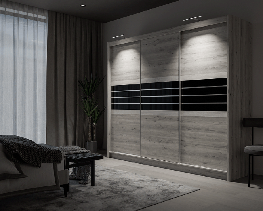 TURYN 250cm sliding door wardrobe oak craft / graphite glass with LED lights in a cosy bedroom.