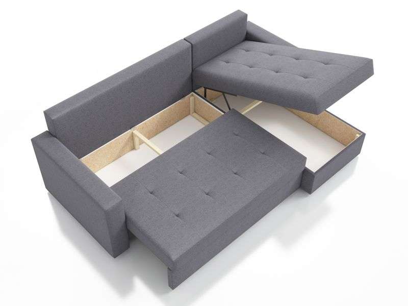 Unfolded corner sofa bed FOSTER grey presenting sleeping function and storage.