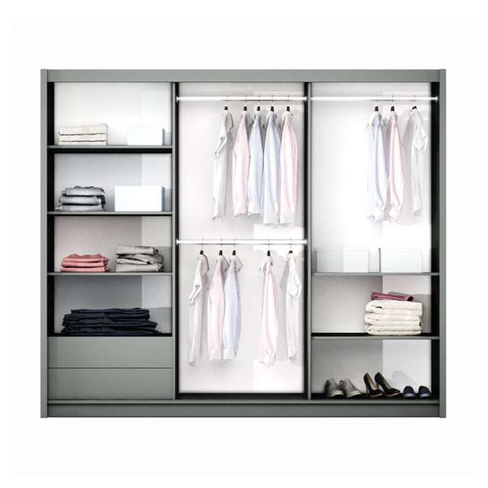 The interior of the BASTIA 250cm wardrobe presenting 3 hanging rails, 5 shelves and 2 drawers
