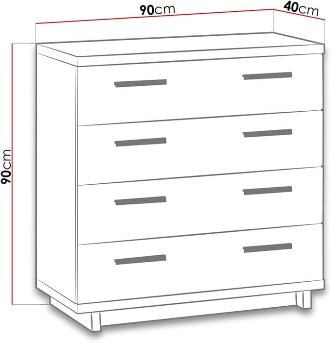 Diagram of chest of drawers INEZO with dimensions