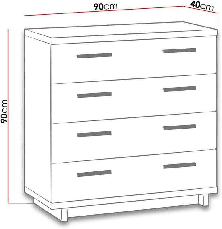 Diagram of chest of drawers INEZO with dimensions