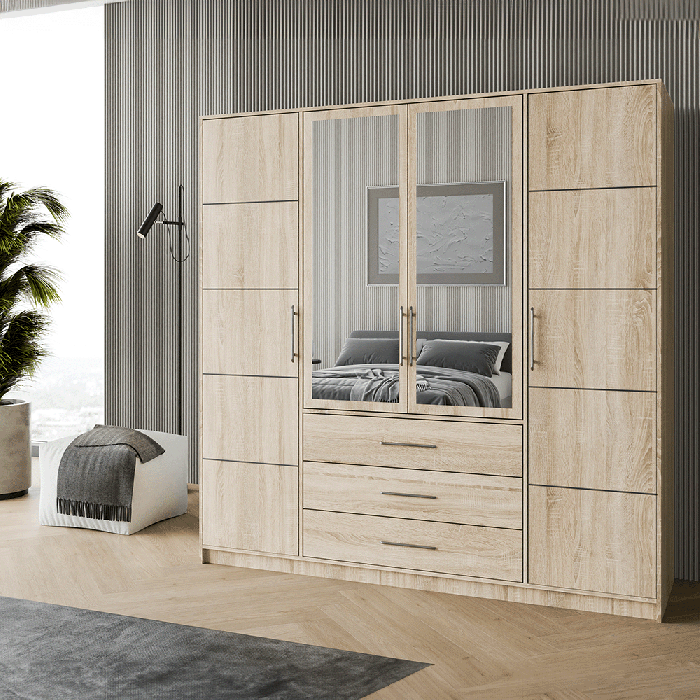 The BALI D4 wardrobe in oak sonoma in a modern living room.