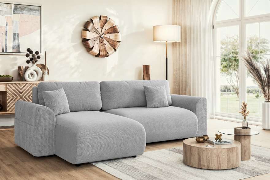 corner sofa bed LORRAINE in left orientation in cosy living room