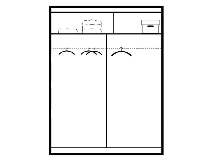 The interior of the BRANDON wardrobe white 150cm presenting a different configuration of 2 hanging rails.