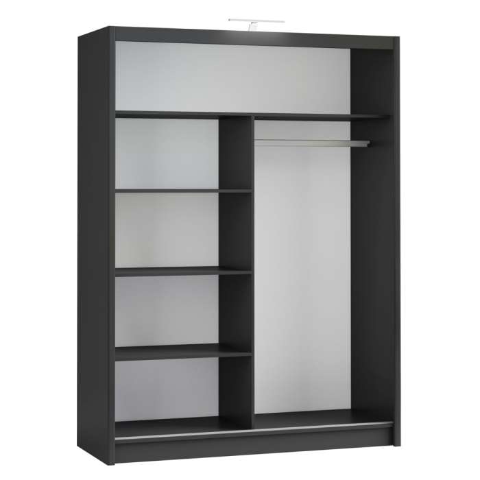 Interior of the black PARIS 160 wardrobe, with 4 shelves and a hanging rail
