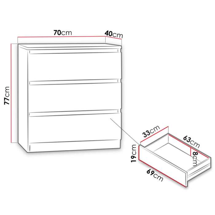 Diagram of chest of drawers MOLAMA M3 showing dimensions