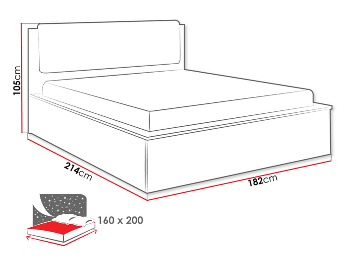 Diagram of bed DENERIO with dimensions