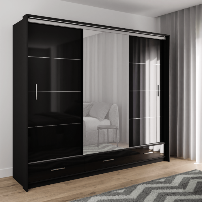 The sliding door wardrobe MARSYLIA 255cm black with mirrored door in a bedroom.