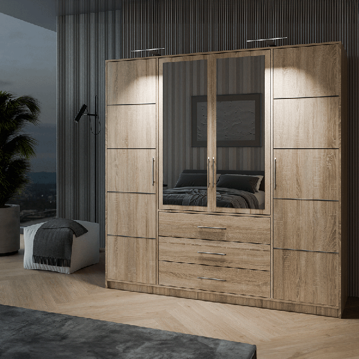 Wardrobe BALI D4 oak sonoma with double LED light in cosy bedroom.