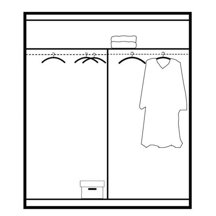 The interior of the PARIS 160cm wardrobe presenting a different configuration of 2 hanging rails and 1 shelf.