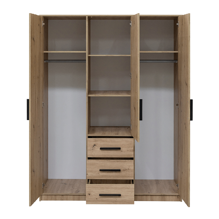 Wardrobe KOS D3 in oak artisan open, showing the 4 shelves and 2 hanging rails inside.