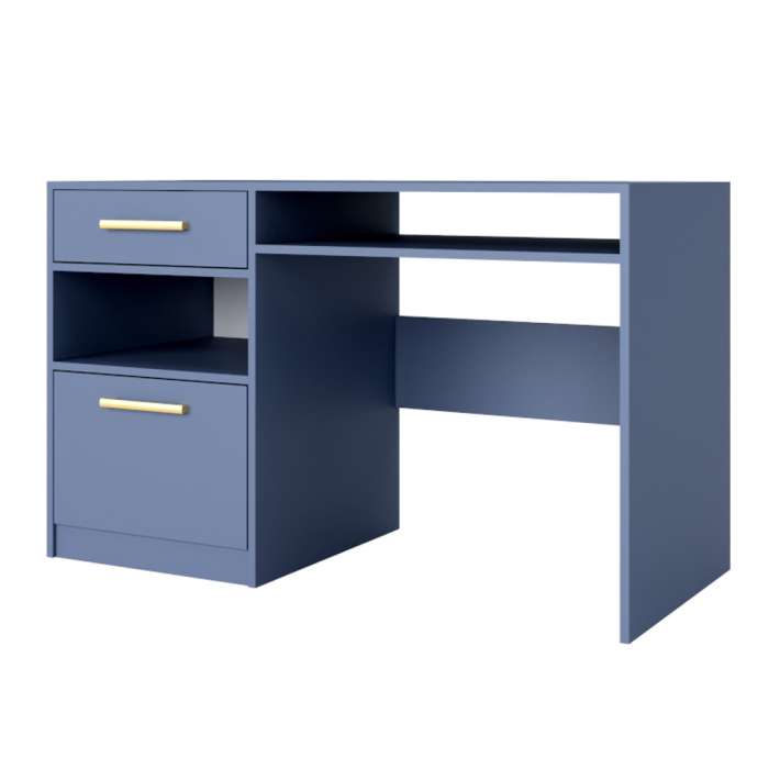 The BALI desk in blue with gold handles.