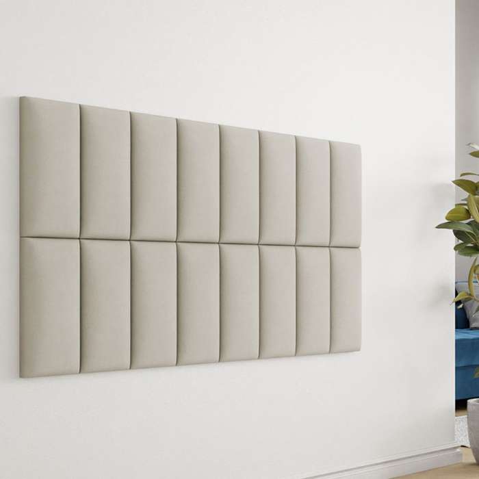 16 Upholstered panels 40x20 in manila 02 (greige) displayed as an example on a wall