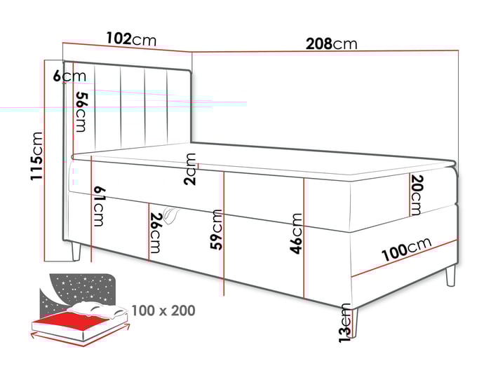 Diagram of continental bed JUNIOR KAMIRE 1 with dimensions
