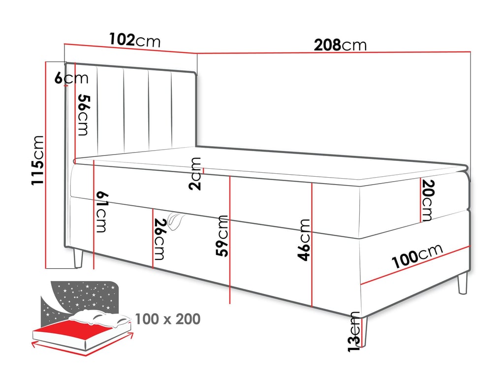 Diagram of continental bed JUNIOR KAMIRE 1 with dimensions