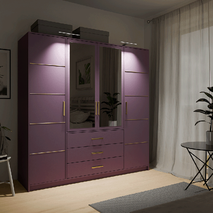 Wardrobe BALI D4 in plum with double LED lights in cosy bedroom.