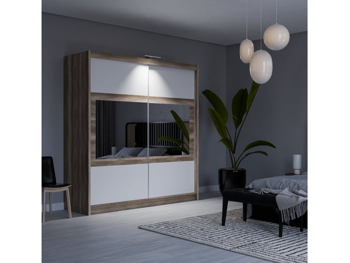 The sliding door wardrobe SALWADOR 203cm oak canyon + white with horizontal mirrors on doors and LED light in a cosy bedroom