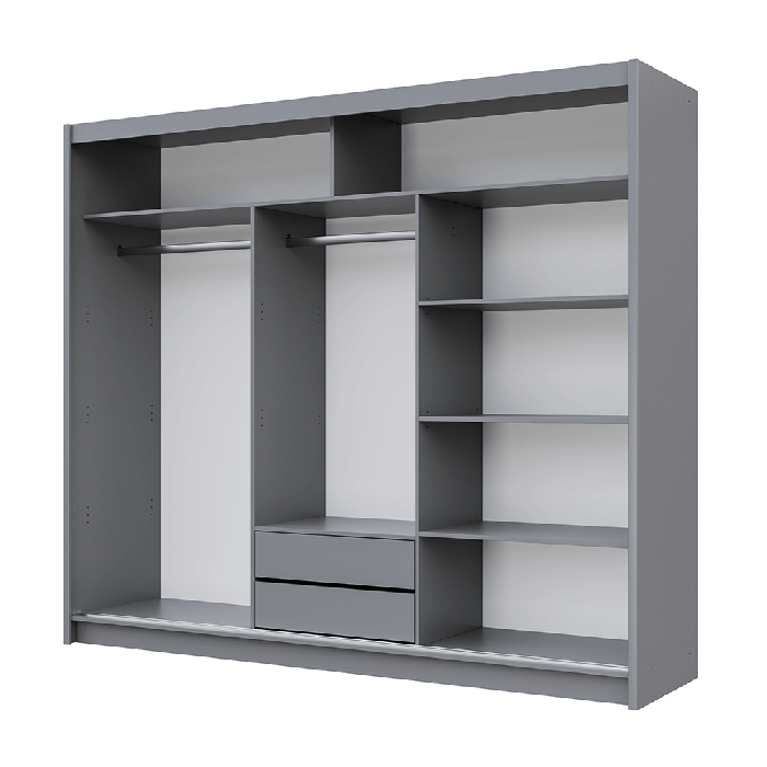 The interior of the PARIS LUX 250cm wardrobe presenting a different configuration of 5 shelves, 2 hanging rails and 2 drawers