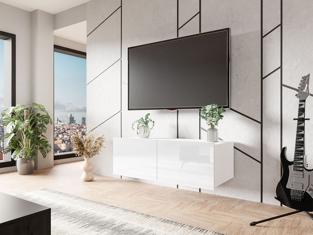 TV Unit COLAMBRINI in white hanging on living room wall.