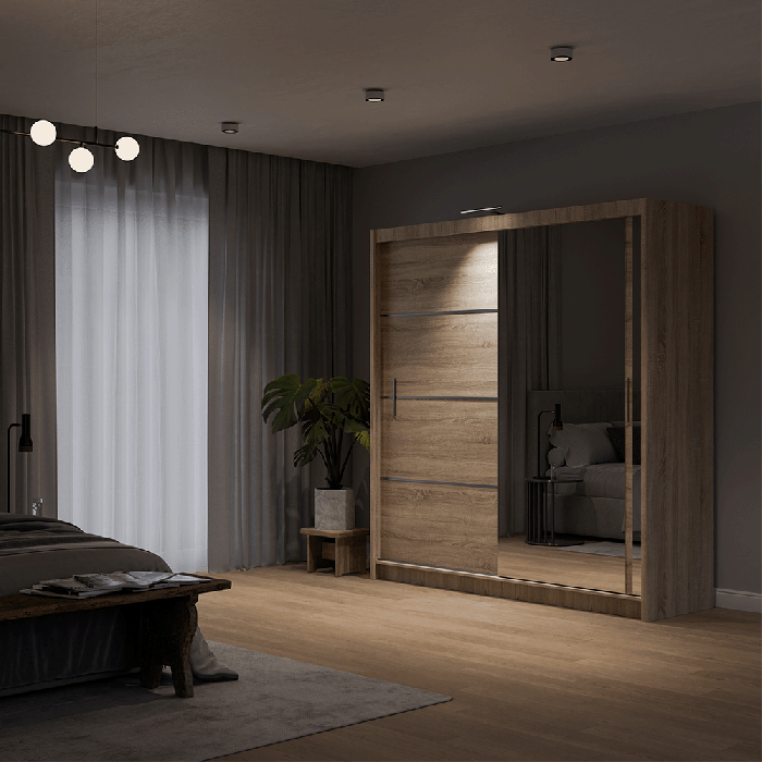 The sliding door VISTA 180cm oak sonoma displaying the LED in a cosy bedroom.