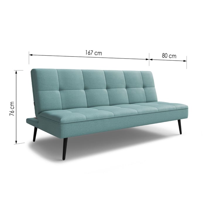 The RONNIE sofa bed green with dimensions.