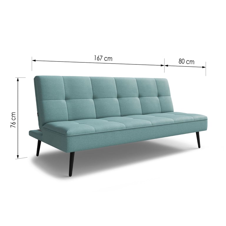 The RONNIE sofa bed green with dimensions.