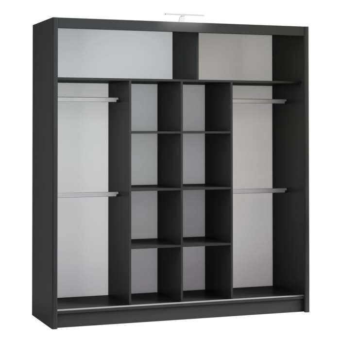 Interior of the black PARIS 203 wardrobe, with 8 shelves and 4 hanging rails