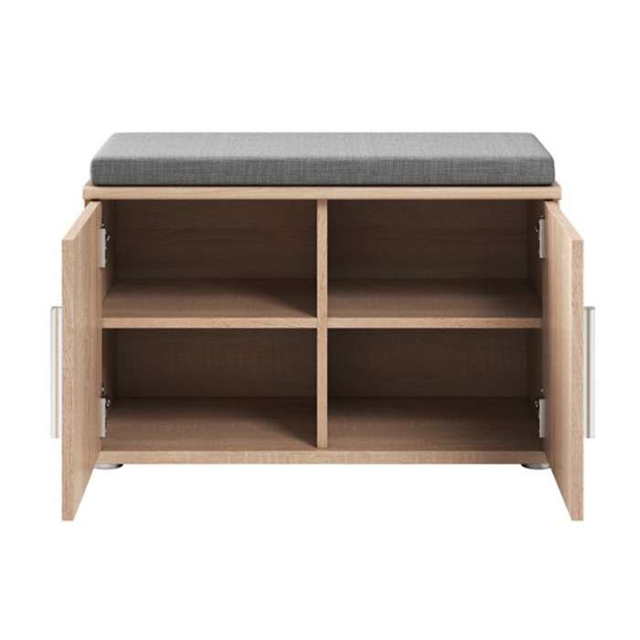 Shoe storage GEMINI in oak sonoma with the two doors open, showing the 4 sections inside