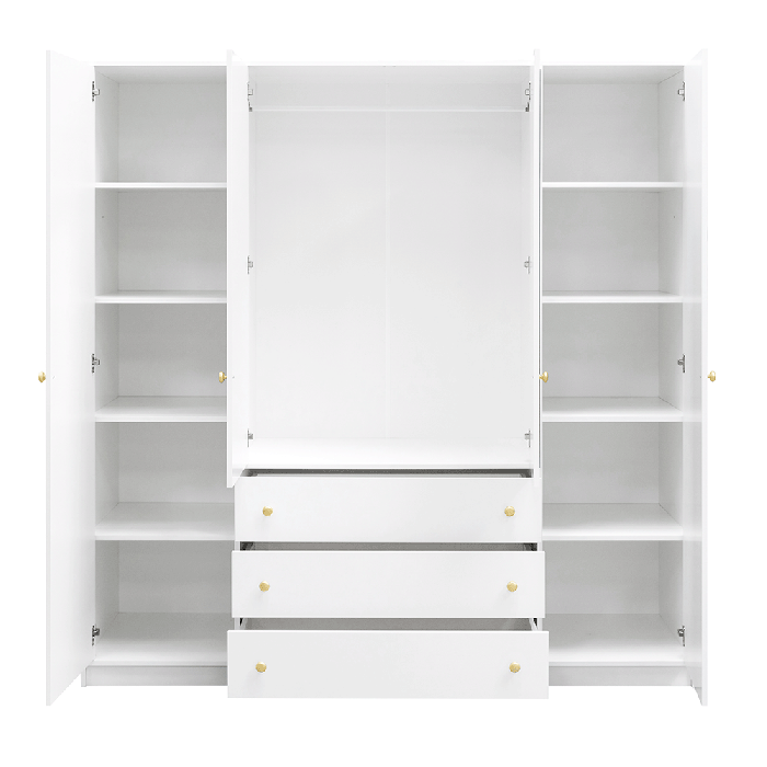 The interior of the SIENA D4 wardrobe presenting 8 shelves, 1 hanging rail, and 3 drawers