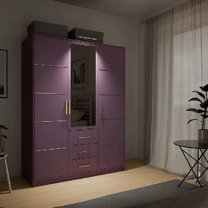 wardrobe BALI D3 in plum with single LED in cosy bedroom.