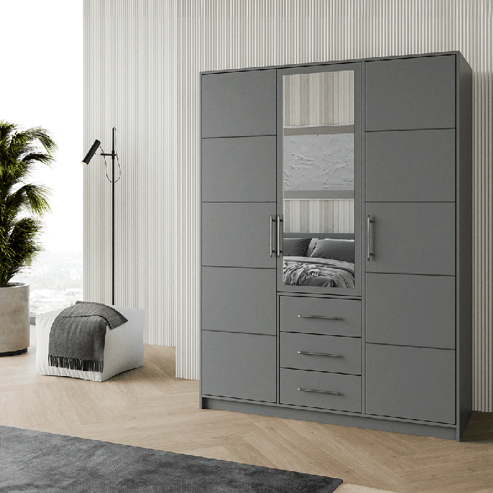 The BALI D3 wardrobe in graphite in a modern living room.