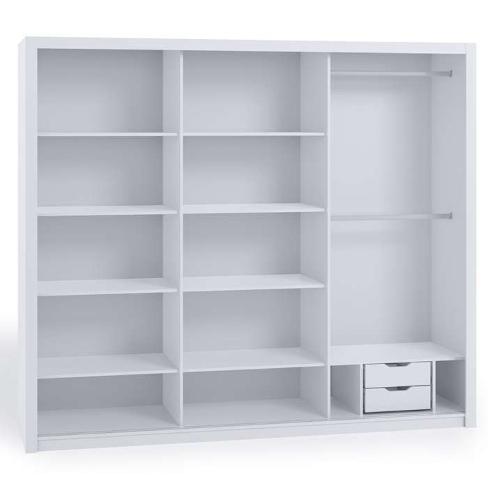The interior of the BONITO 250cm wardrobe presenting 2 hanging rails, 9 shelves and 2 drawers 