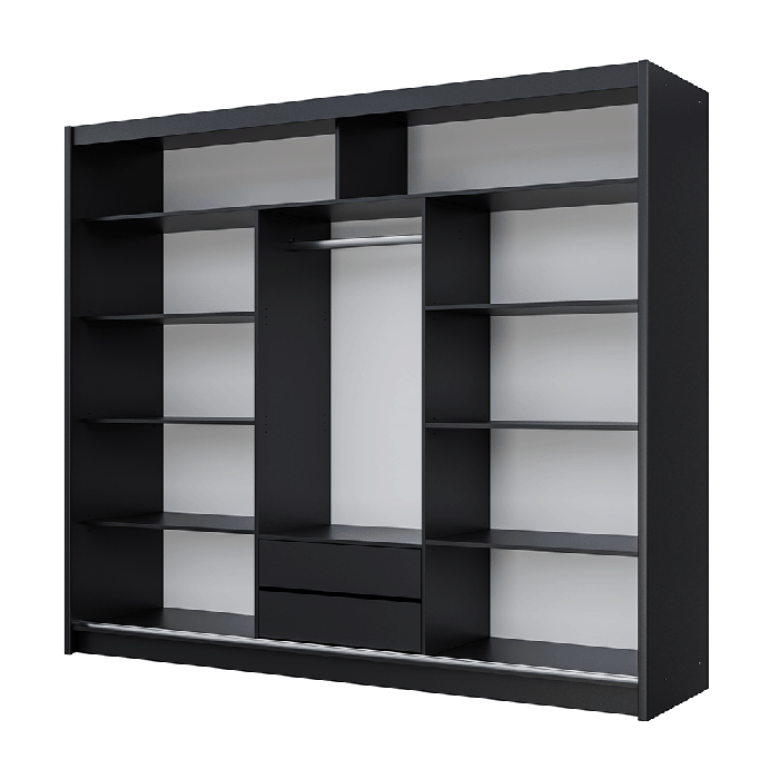 The interior of the VISTA 250cm wardrobe black presenting 1 hanging rail, 8 shelves and 2 drawers.