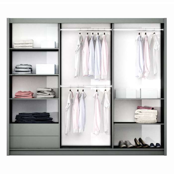 The interior of the TUNIS 250cm wardrobe presenting 5 shelves, 3 hanging rails and 2 drawers