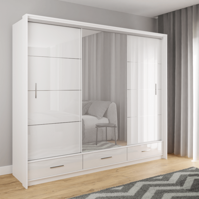 The sliding door wardrobe MARSYLIA 255cm white with mirrored door in a bedroom.