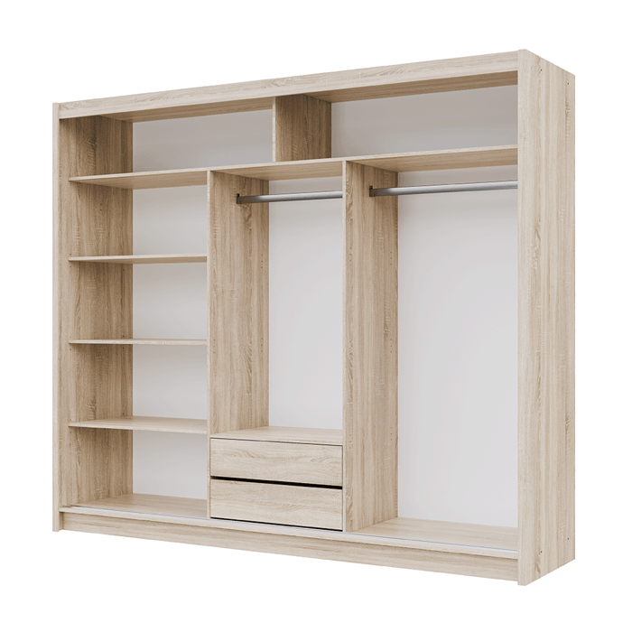 The interior of the MONAKO 250cm wardrobe presenting 5 shelves, 2 hanging rails and 2 drawers