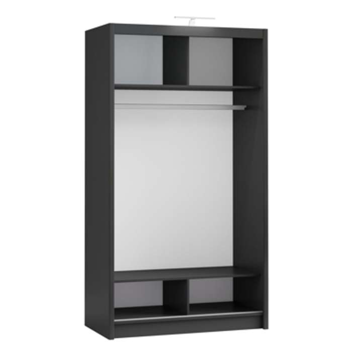 Interior of the black PARIS 120 wardrobe, with 4 compartments and a hanging rail