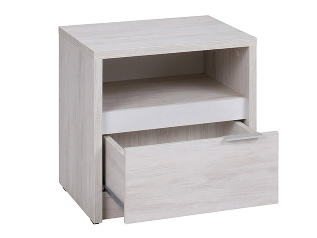Bedside table DENERIO in white Oak / White Gloss with drawer open