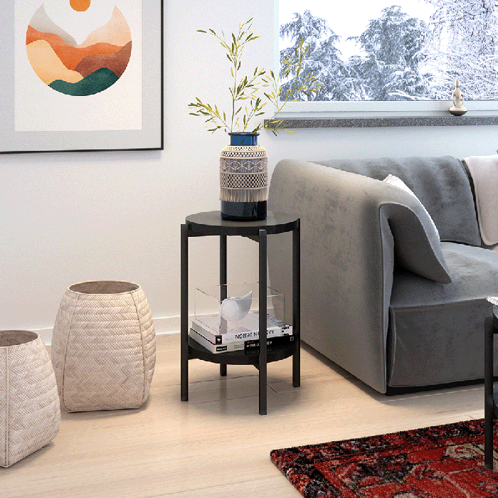 The SONIA coffee table B with the double-tier storage design in black gloss in a modern living room.