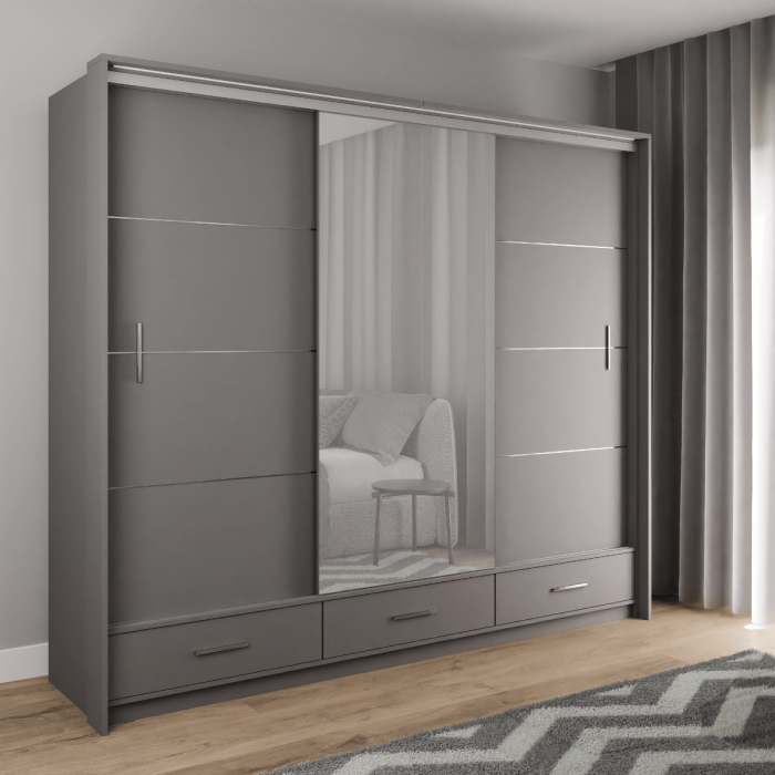 The sliding door wardrobe MARSYLIA 255cm graphite with mirrored door in a bedroom.