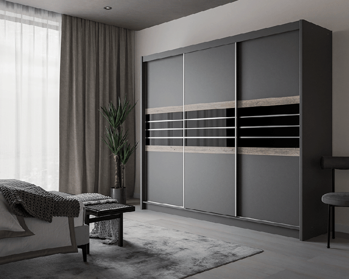 TURYN 250cm sliding door wardrobe lava / black glass in a cosy bedroom.