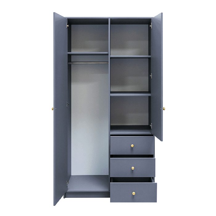 The interior of the SIENA II D2 wardrobe presenting 3 shelves, 1 hanging rail, and 3 drawers